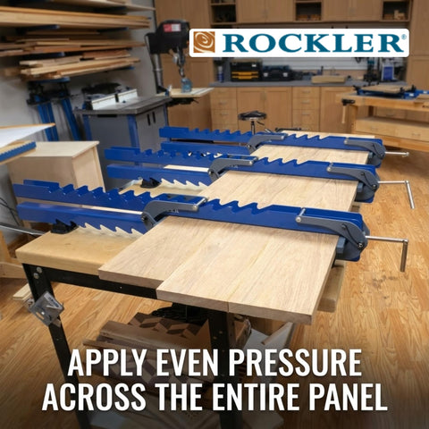 Rockler Deluxe Panel Clamp assembly with rails enables quick setup on benches.
