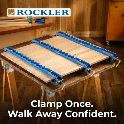 Rockler Deluxe Panel Clamp feet stabilize wide boards on the benchtop.