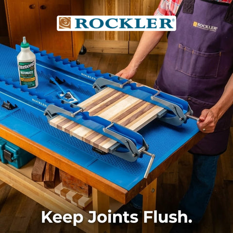 Rockler Deluxe Panel Clamp scissor couplers provide four-way pressure for flat panels.