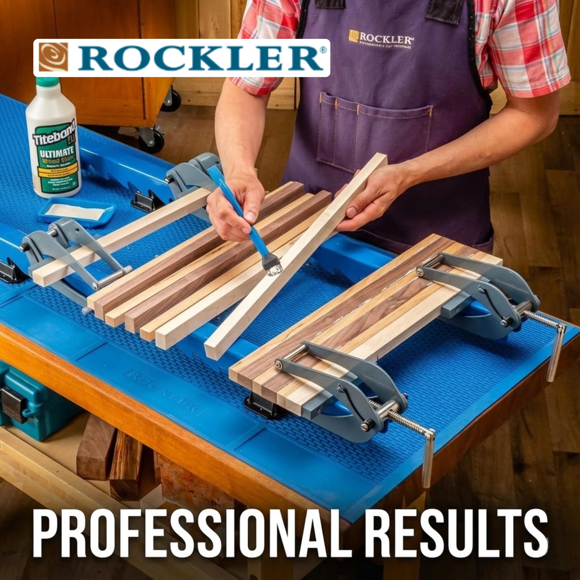 Rockler Deluxe Panel Clamp tailstock aligns panels for even glue distribution.