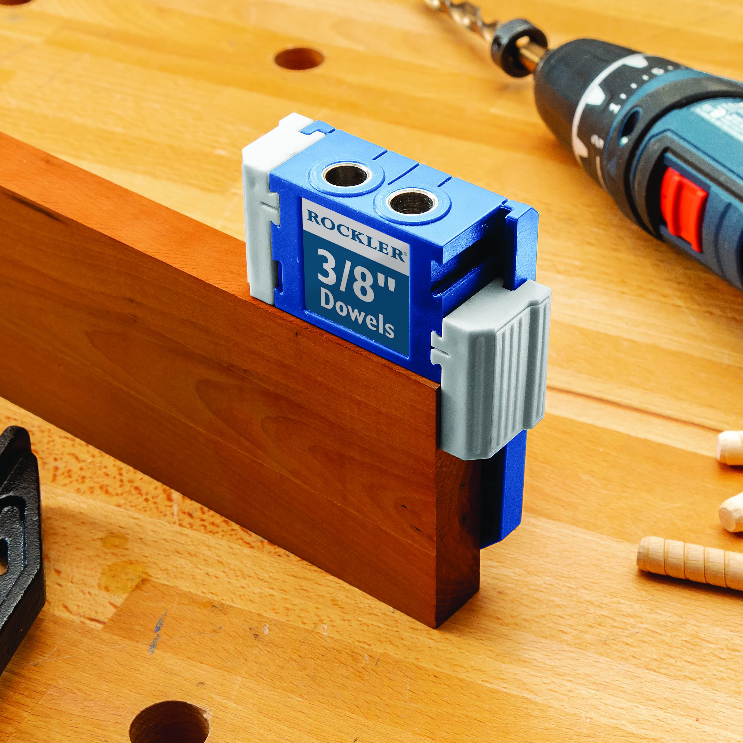 Rockler dowel jig kit 3/8 inch depth-scale for quick setup.