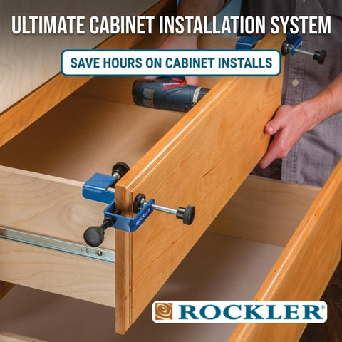Closeup of Rockler alignment clamps with micro-adjusters for precise front alignment