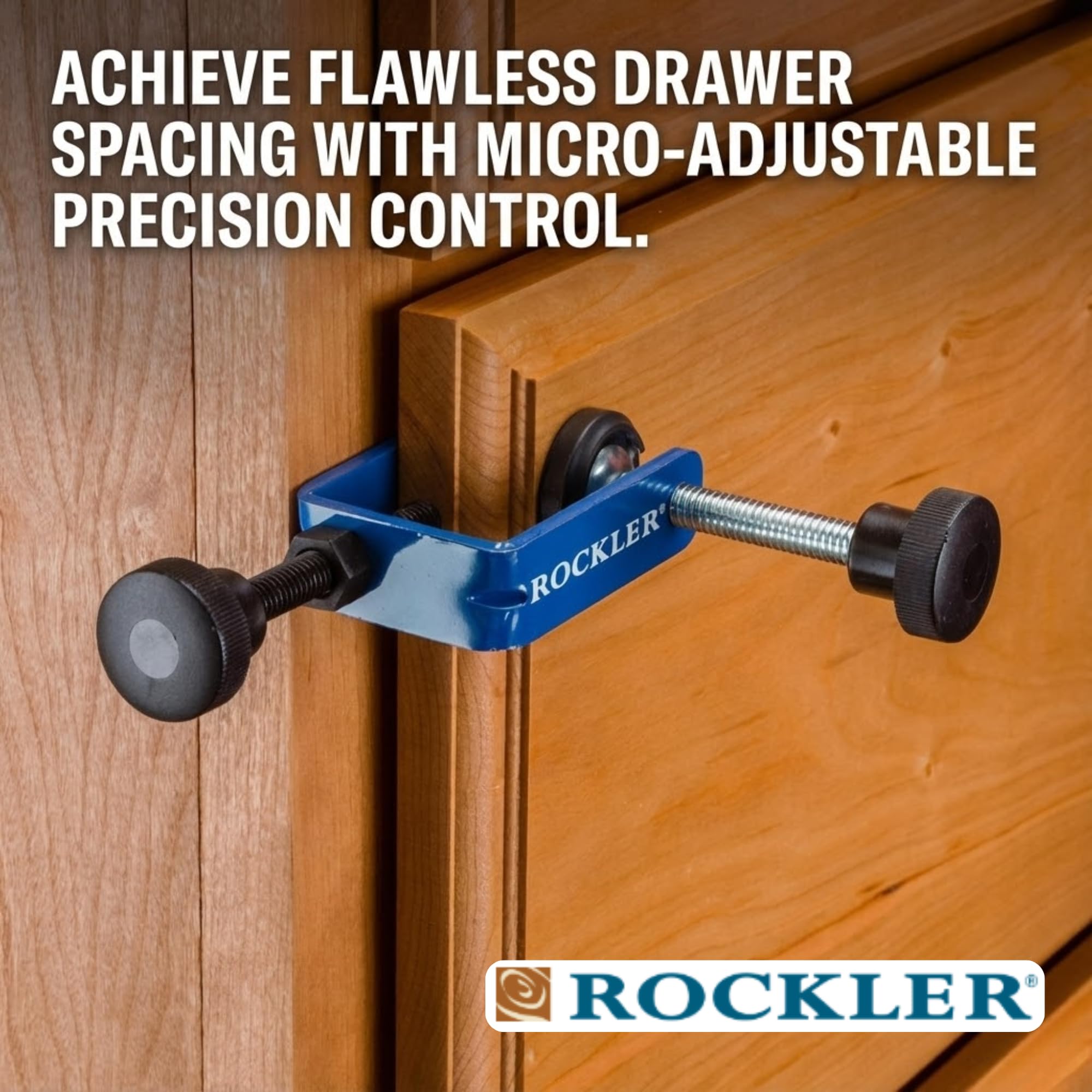 Easy-to-use Rockler drawer front clamp tool aiding fast cabinet installation