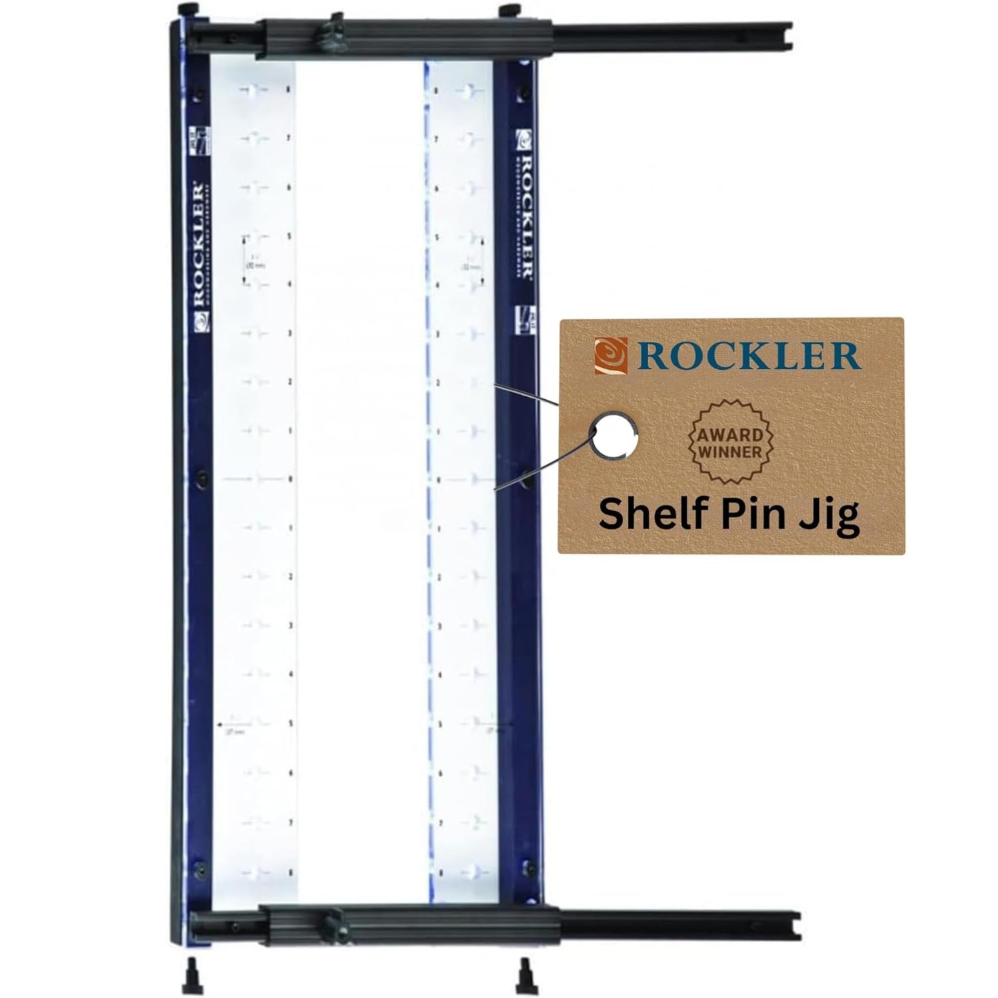 Rockler drill jig for straight holes with a template for precise shelf pins.