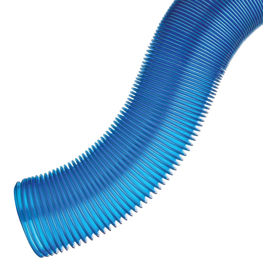 Rockler 4-inch blue translucent dust hose extended to reach distant corners for easy cleanup.