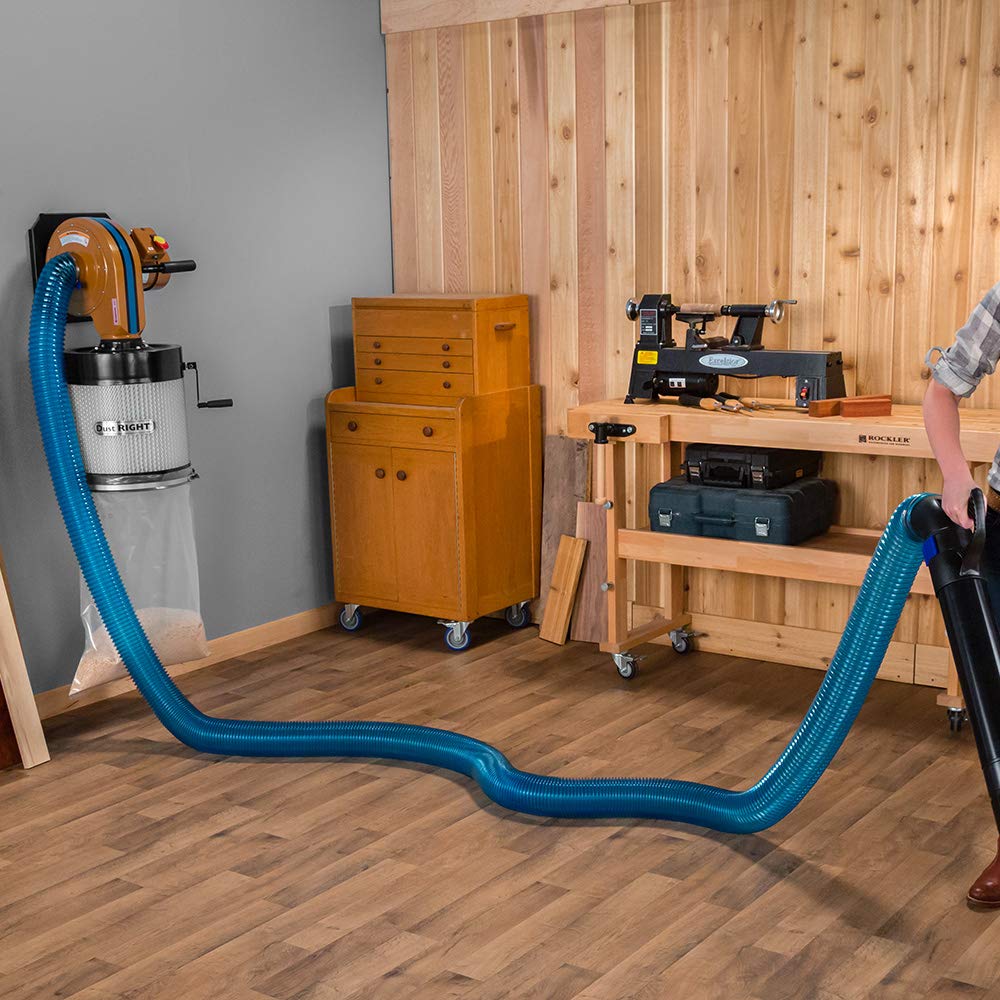 Rockler extendable dust hose reaches up to 14 feet for versatile woodworking cleanup.