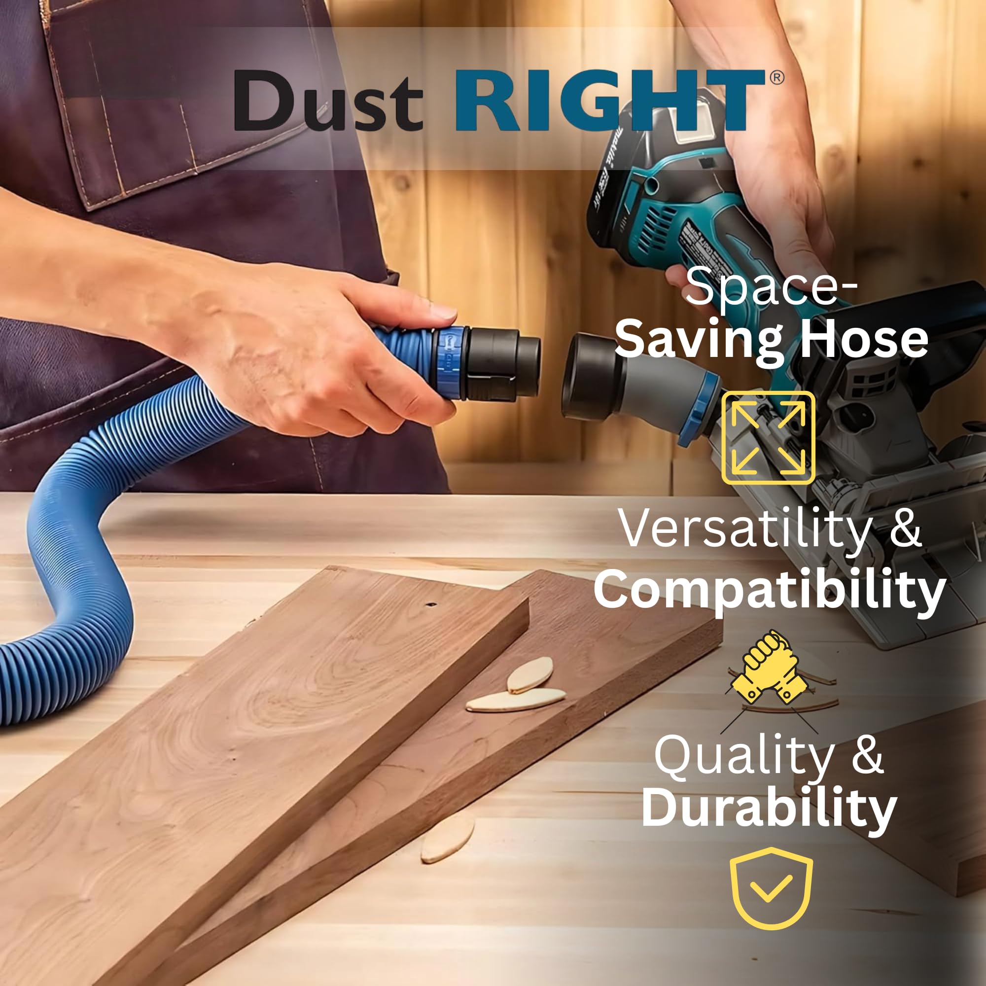 Rockler Dust Right click-connect hose adapter ensures quick tool changes with stable suction