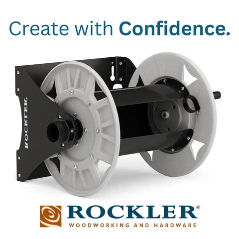 Rockler hose reel wall mount demonstrates durable steel frame for garage use.