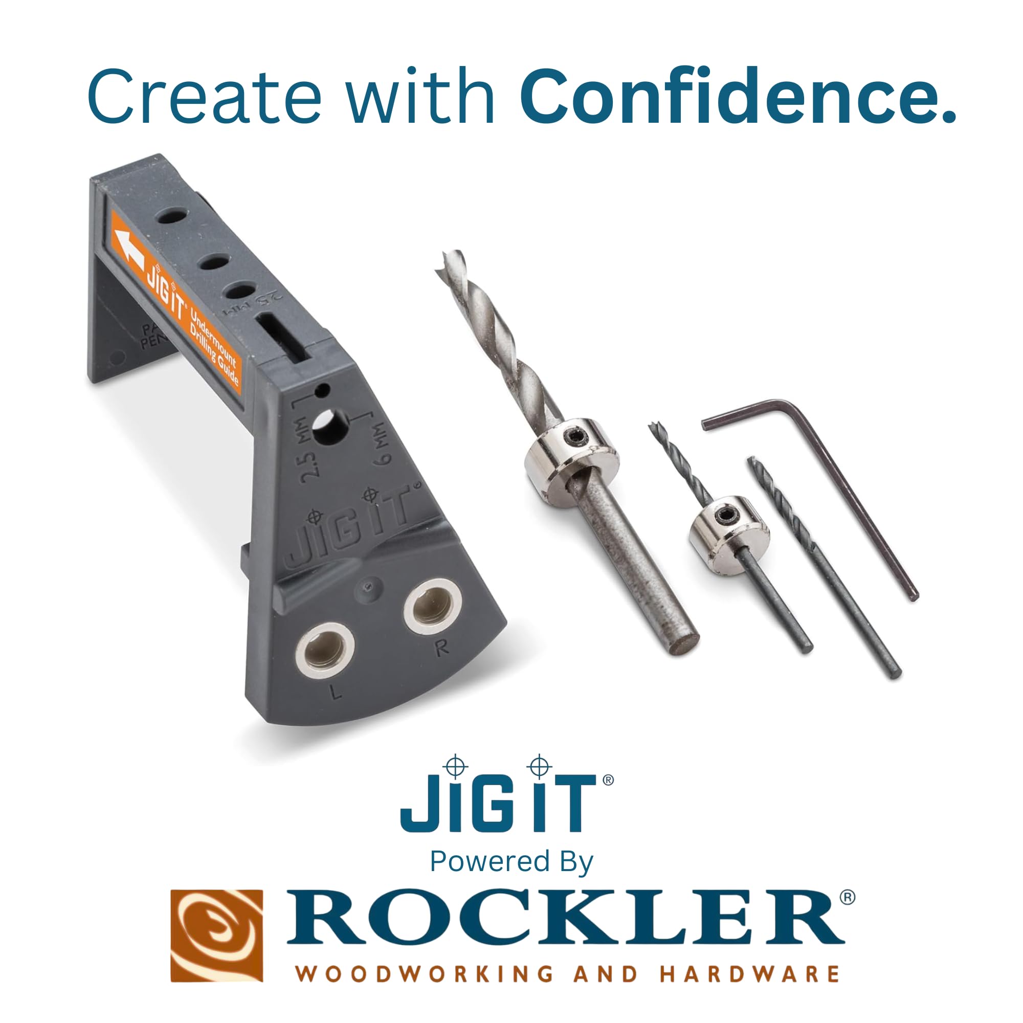 Rockler JIG IT angled hole guide at 15 degrees for Blum Tandem Plus mounting.