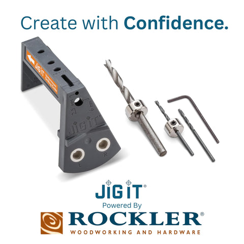 Rockler JIG IT angled hole guide at 15 degrees for Blum Tandem Plus mounting.