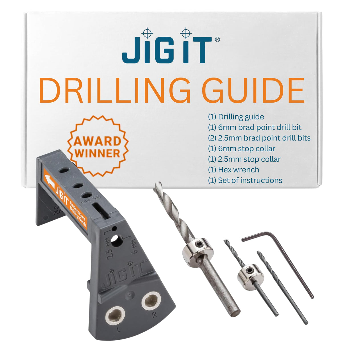 Rockler JIG IT undermount drilling guide with ABS body for precise hole alignment.