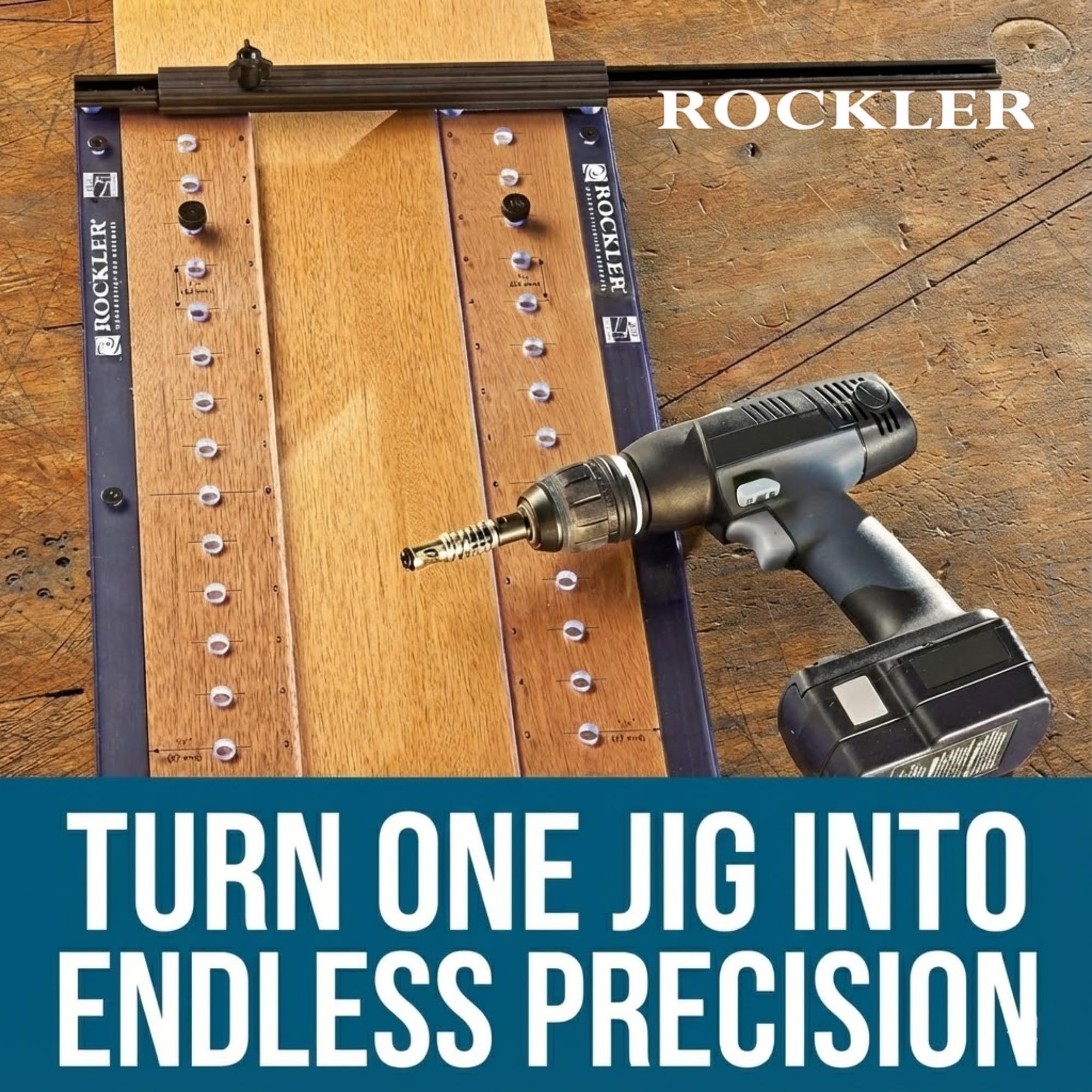 Rockler long-row extension allows drilling many holes without re-clamping.
