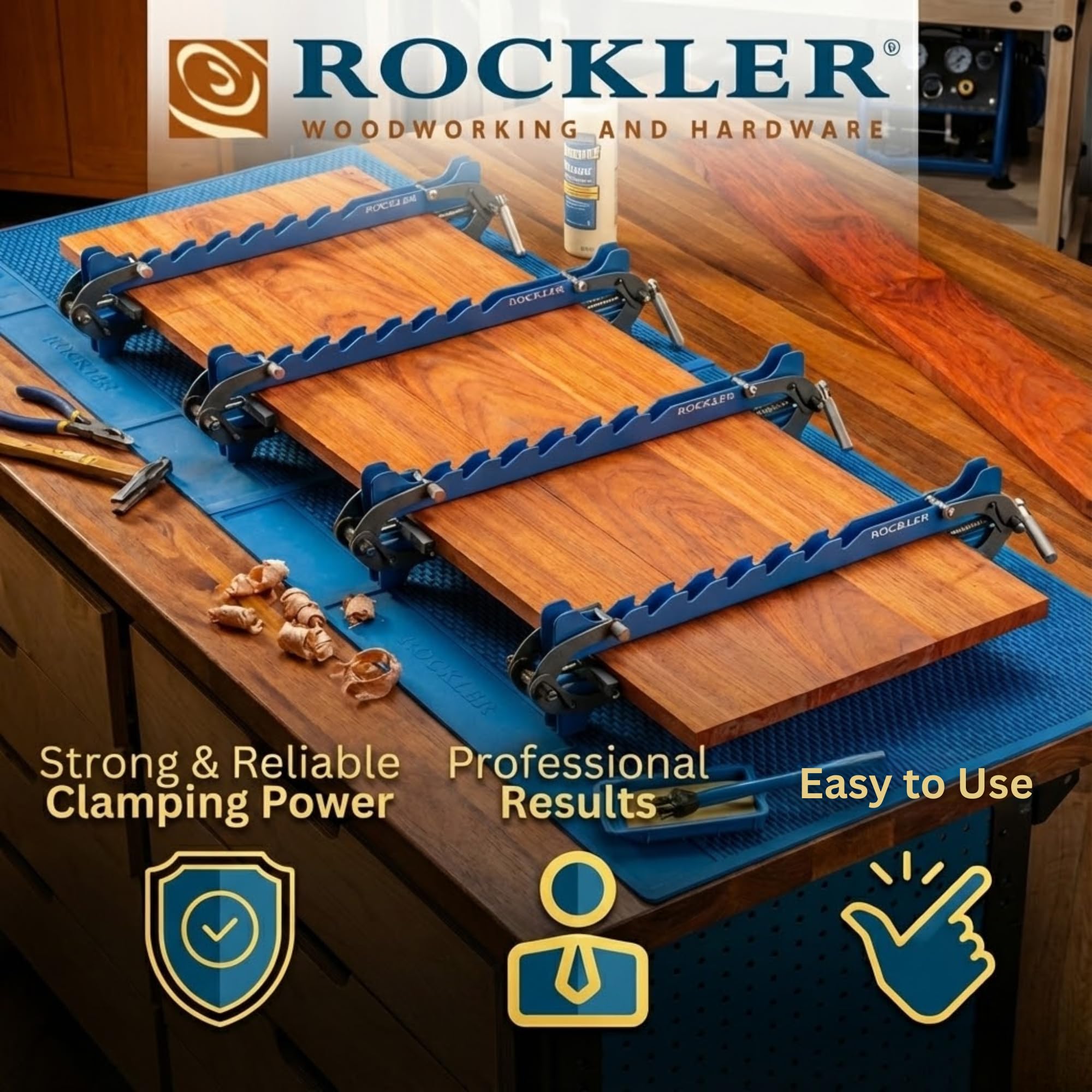 ROCKLER Mini Deluxe Panel Clamps tailstock close-up for flush joint alignment.