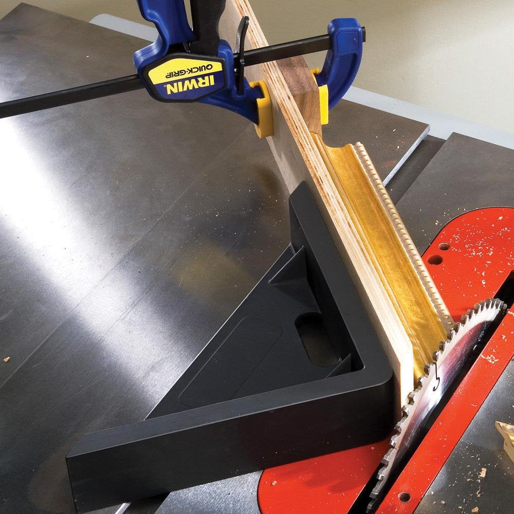 Rockler miter sled with adjustable nylon pins delivering no-slop sliding