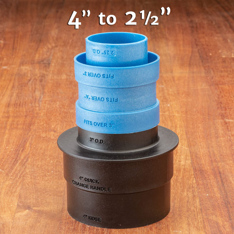 Rockler one-and-a-half to one-quarter inch adapter enables tight connections.