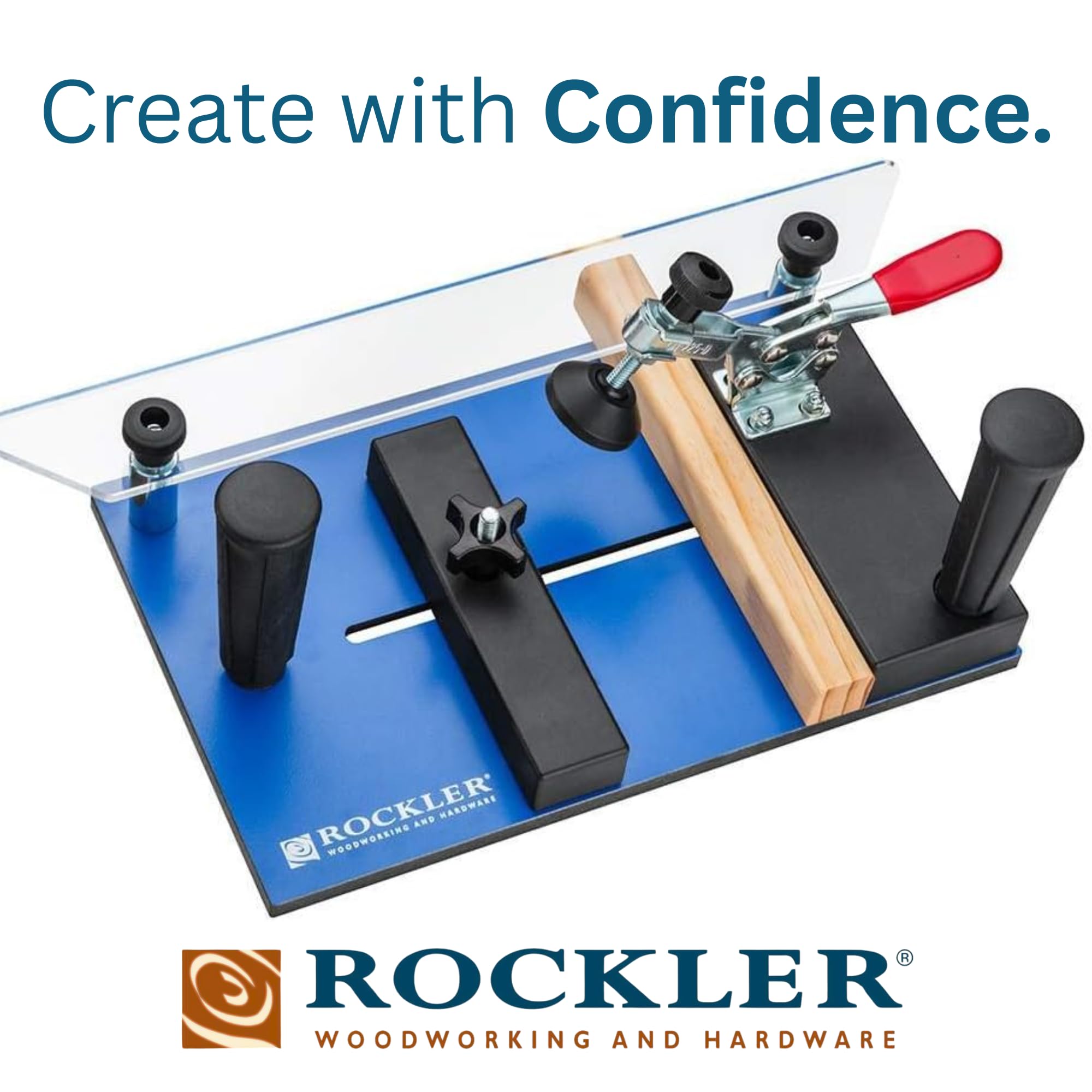 Rockler coping sled round handles for secure grip from any angle.
