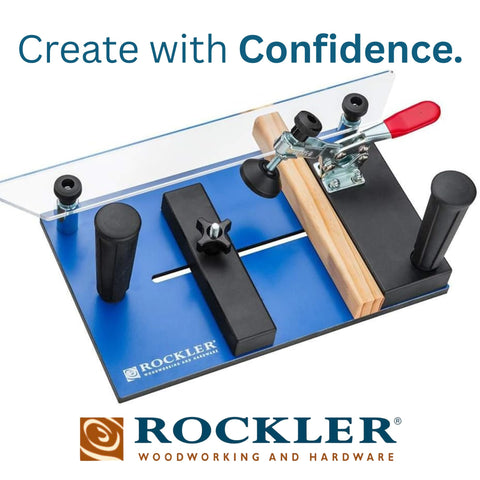 Rockler coping sled round handles for secure grip from any angle.