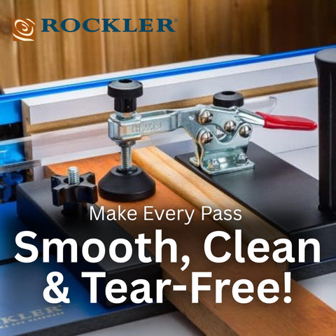 Rockler rail coping sled sacrificial block protects workpiece edges.