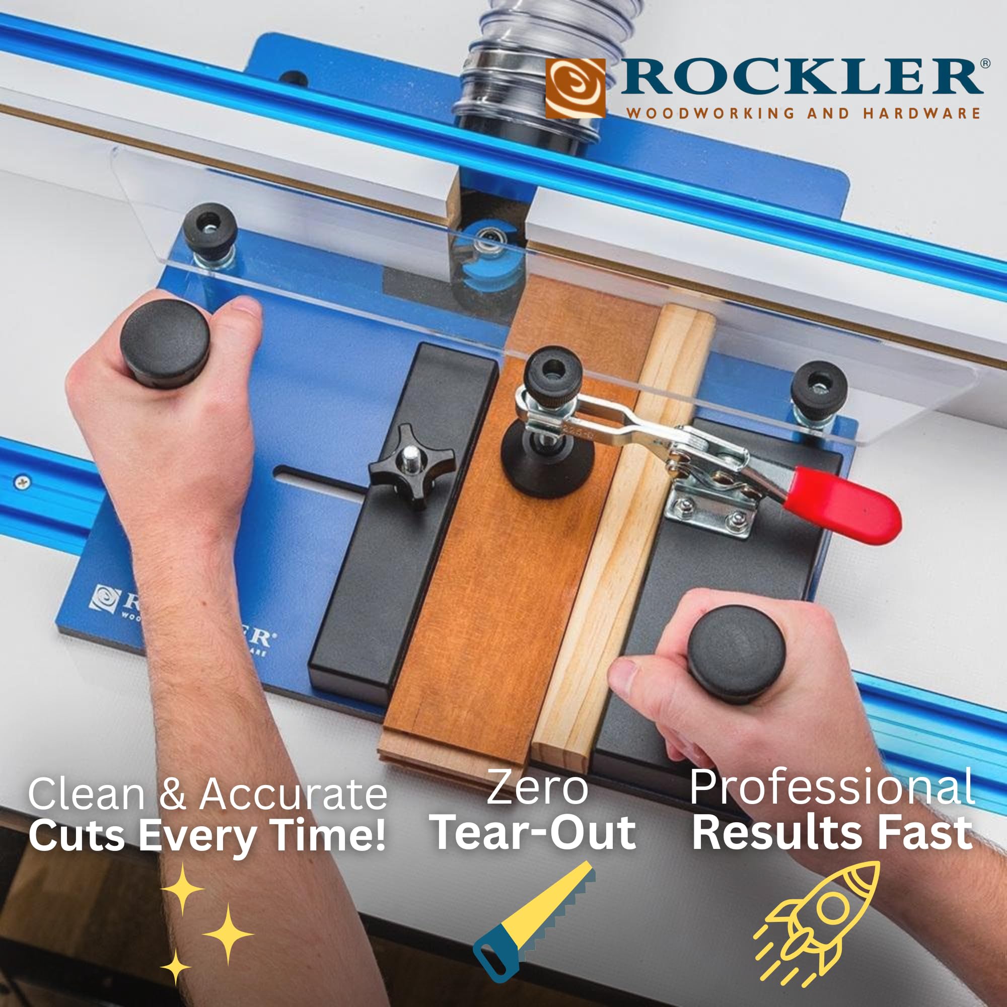 Rockler rail coping sled toggle clamp secures stock during routing.