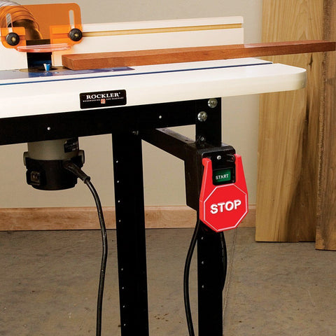 Rockler router table switch mounted for fast access during routing tasks.