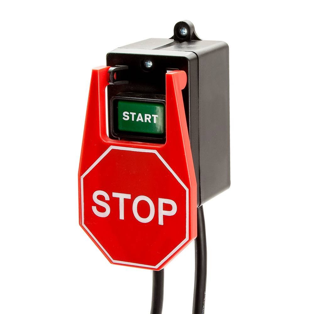 Rockler safety power tool switch with stop paddle for quick shutdown in workshops.