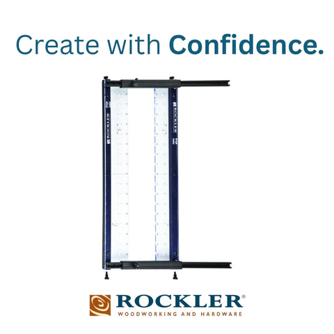 Rockler shelf hole jig in use delivering fast, consistent drilling across rows.