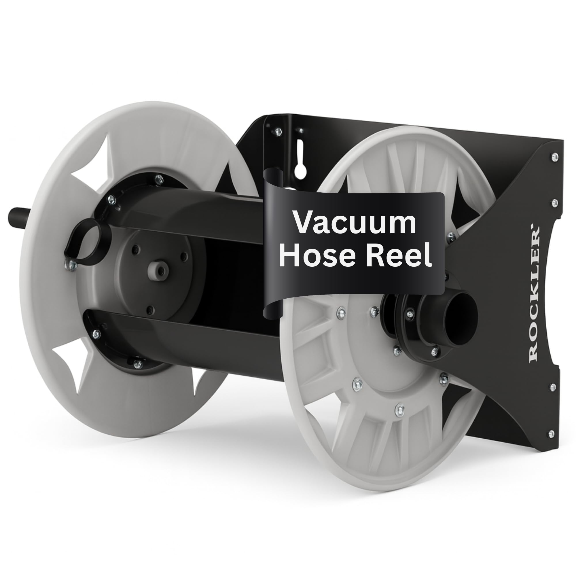 Rockler shop vacuum hose reel with 40 ft hose for quick workshop cleanup.