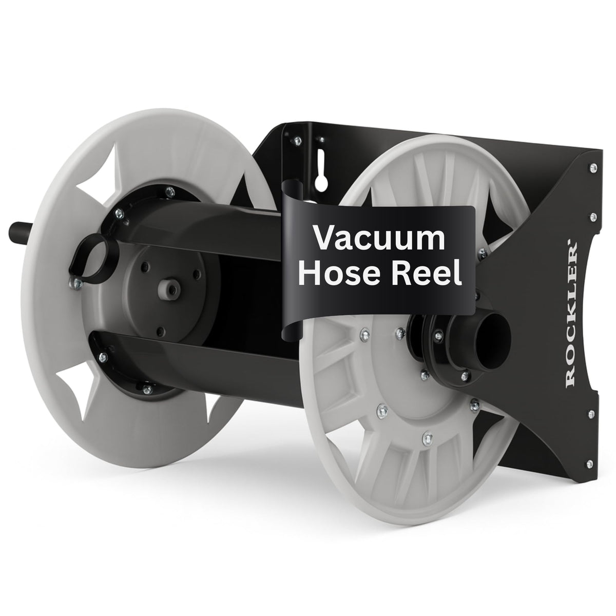 Rockler shop vacuum hose reel with 40 ft hose for quick workshop cleanup.