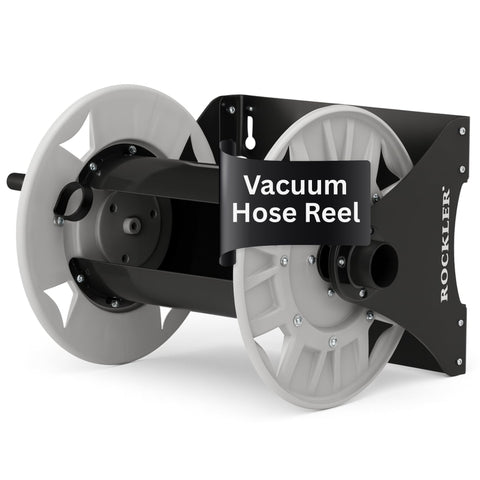Rockler shop vacuum hose reel with 40 ft hose for quick workshop cleanup.