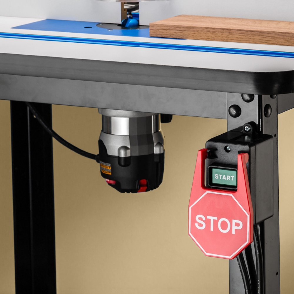 Rockler stop paddle enables hands-free control for safer operation.