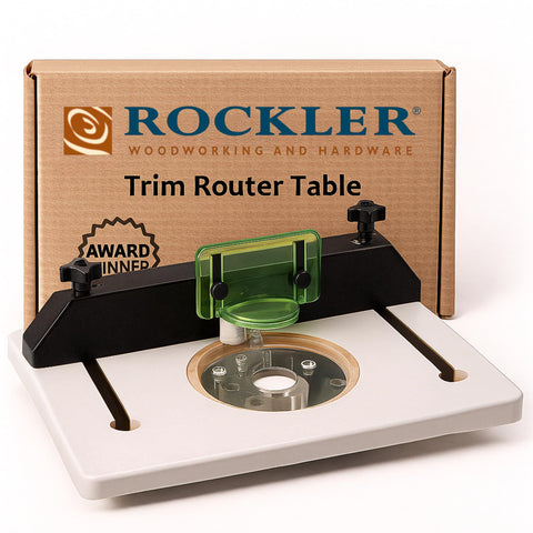 Rockler trim router table setup enables stable edge routing on benches.