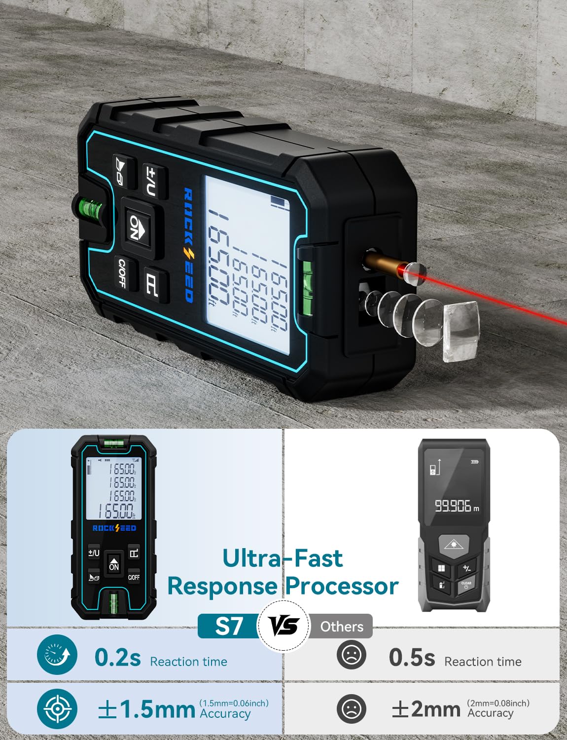 RockSeed Laser Measure in use measuring a room length during a remodel
