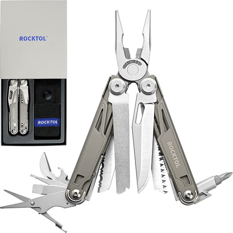 ROCKTOL 19-in-1 multitool close-up showing pliers for on-the-go repairs