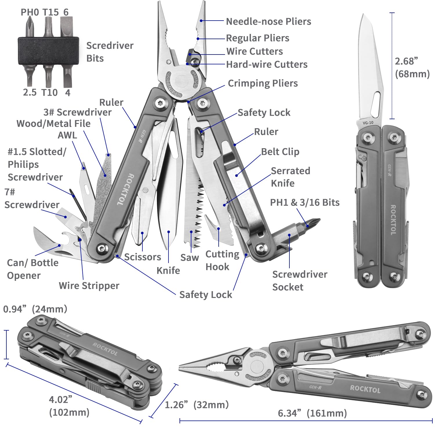 ROCKTOL nylon sheath protects the multitool during travel.