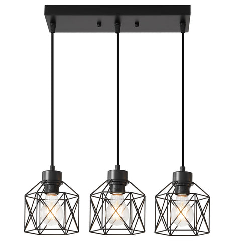 ROCUNSI 3-light pendant with black cage over dining table enhances warm ambiance