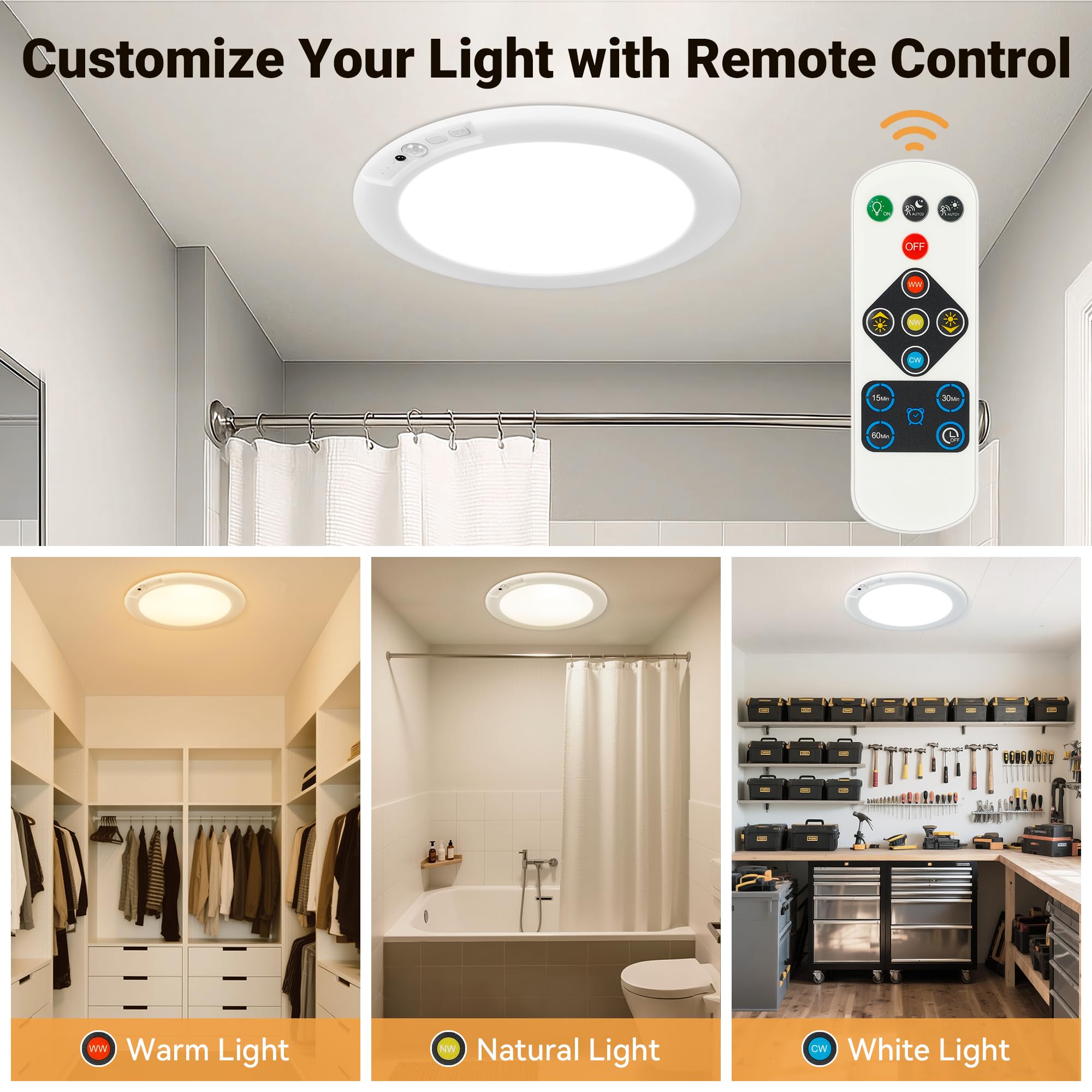 Rodalims ceiling light showing three color temperatures for versatile ambiance.