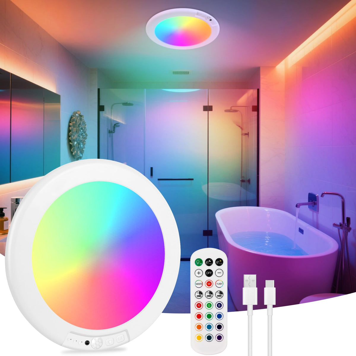 Rodalims color-changing ceiling shower light adds mood lighting to the bathroom.