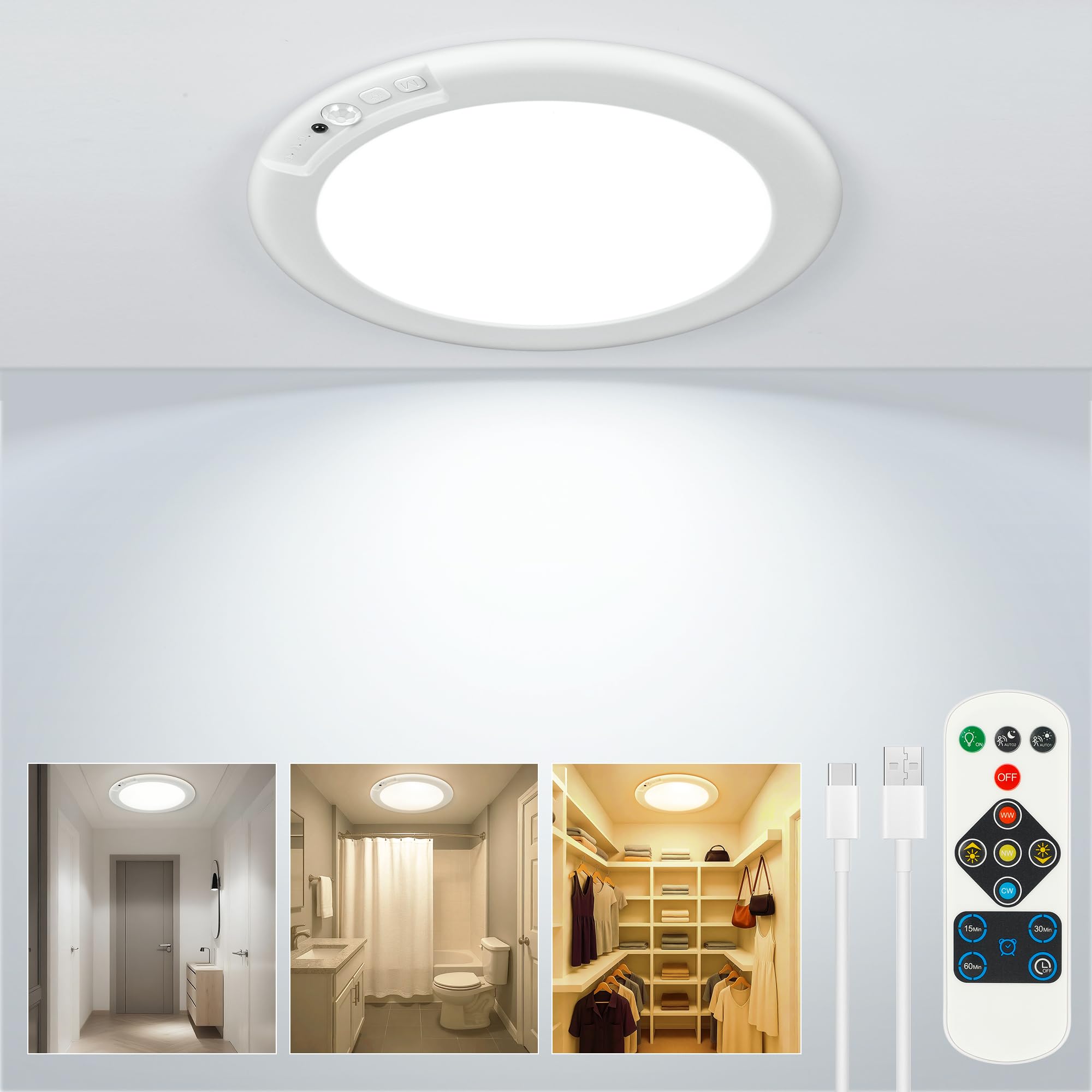 Rodalims wireless ceiling light with motion sensor front view for hands-free illumination.