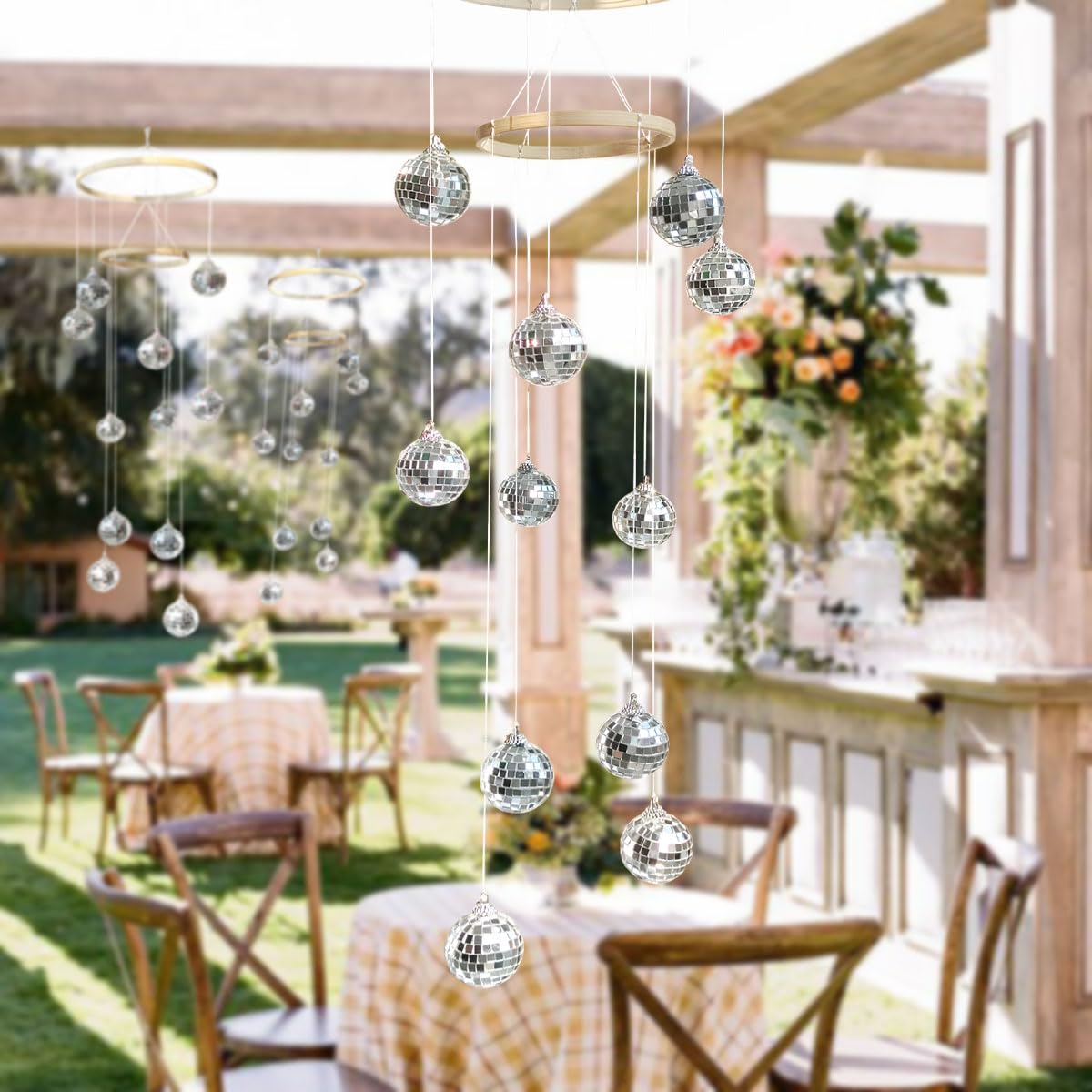 Rodudu disco ball mobile with bamboo circle suitable for outdoor garden decor.