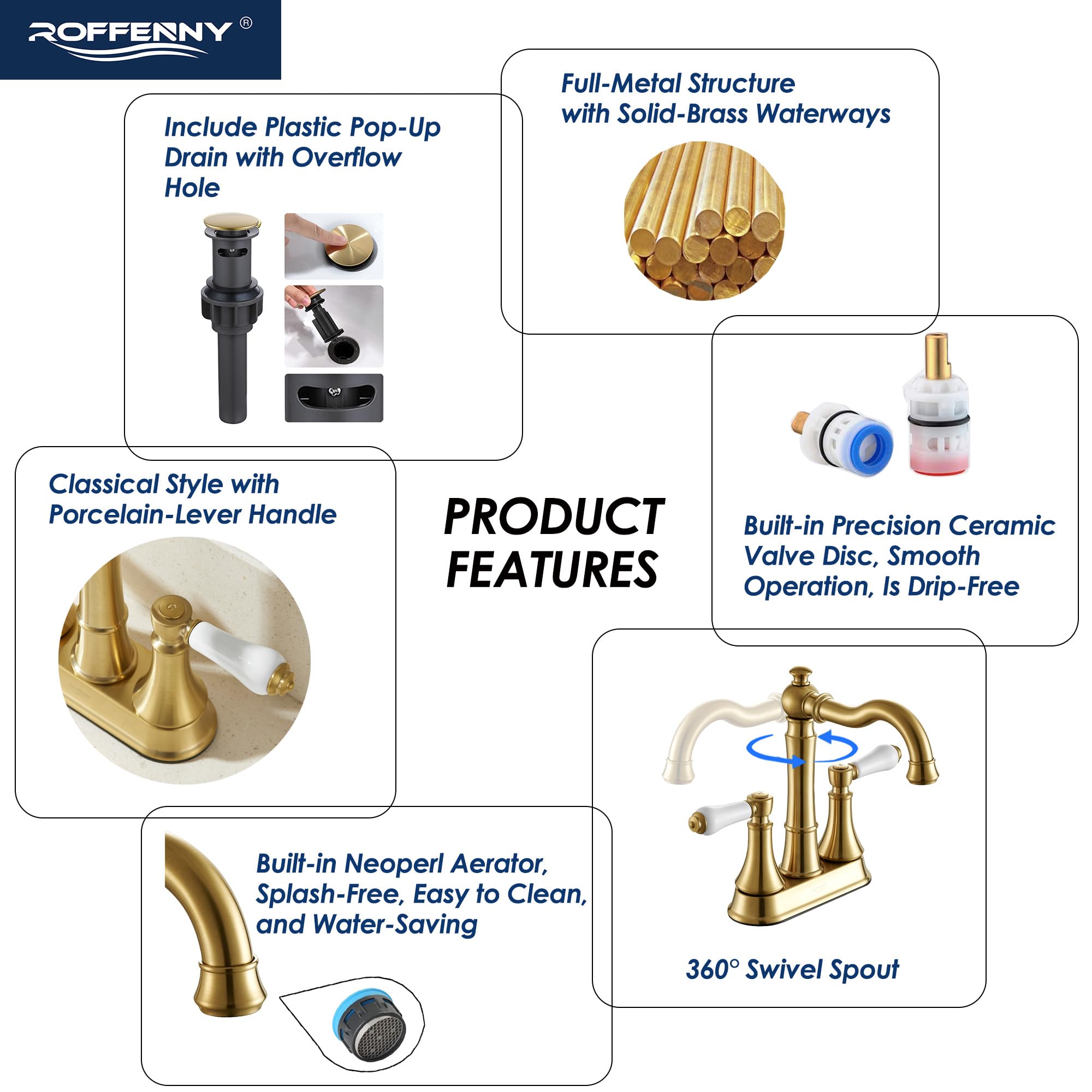 ROFFENNY lead-free brass waterway ensures durable, safe water flow.