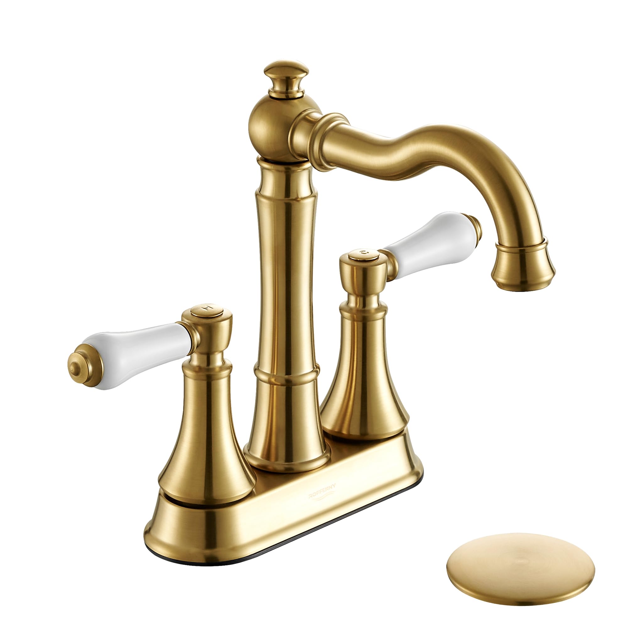 ROFFENNY porcelain two-handle brushed gold faucet front view adds timeless bathroom style.