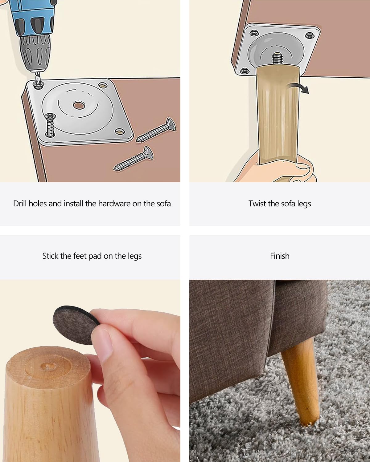 ROFMAPLE screws included ensure secure fitting to sofas, tables, and cabinets.