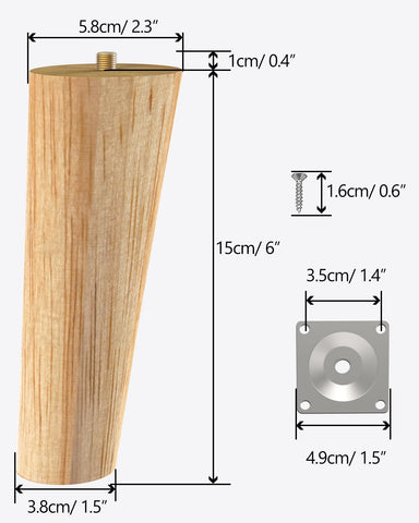 ROFMAPLE solid oak legs 6 inch shown with mounting plates offer easy installation.