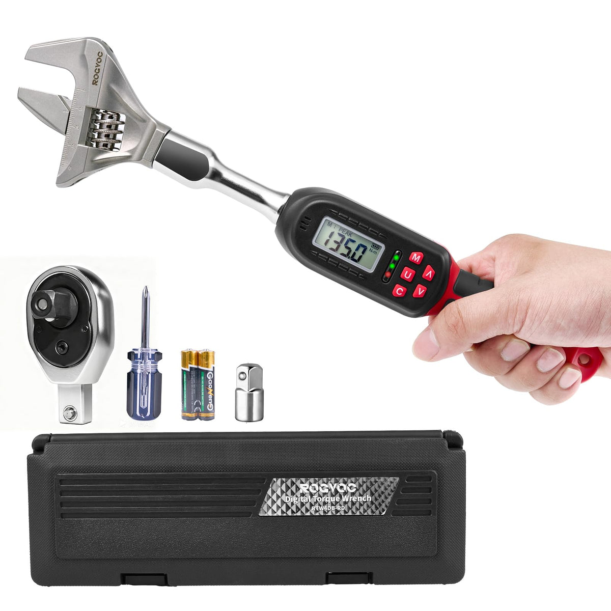 Rogvoc adjustable digital torque wrench with 42 mm open-end head for precise HVAC fasteners