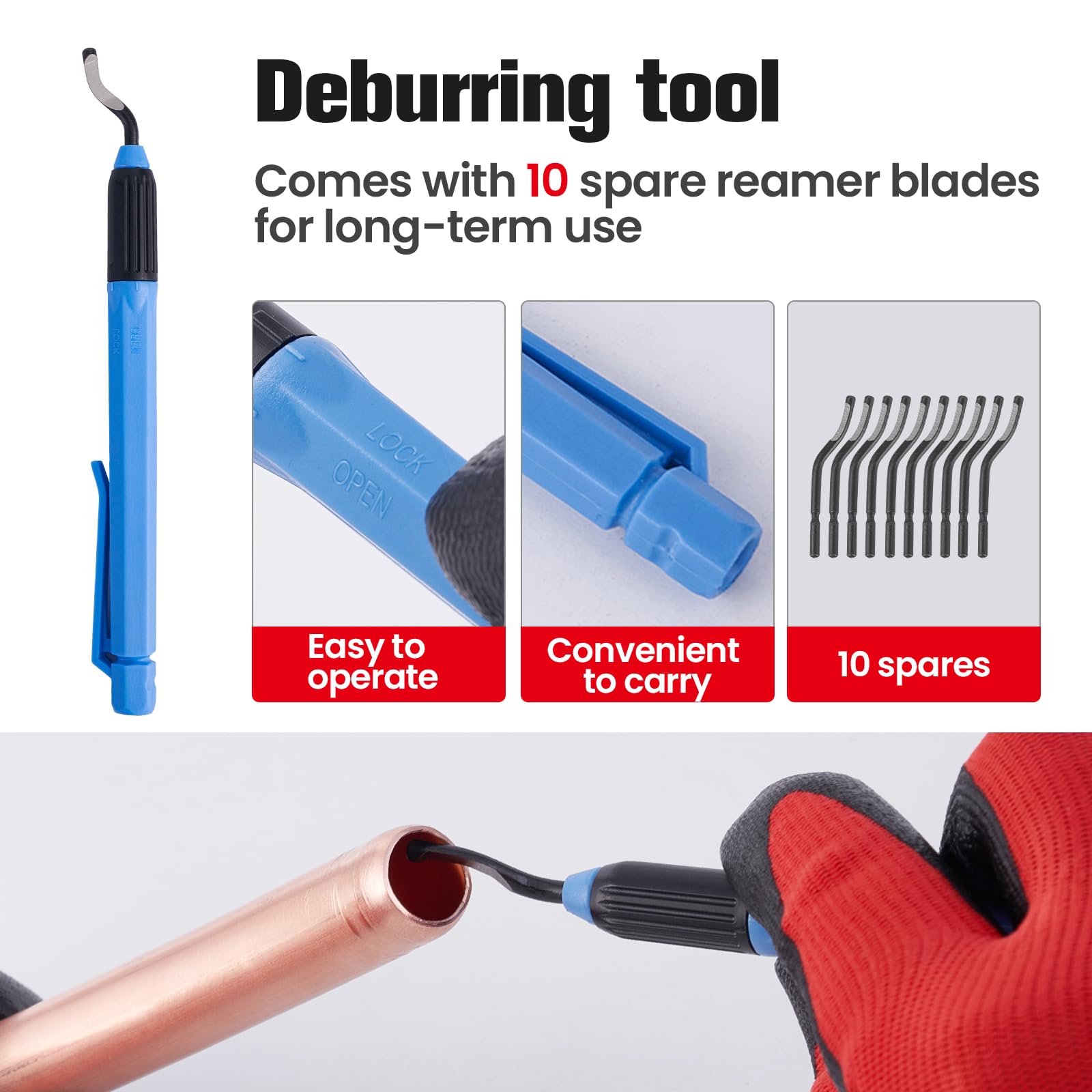 ROGVOC pen-style deburring tool removing burrs after cutting