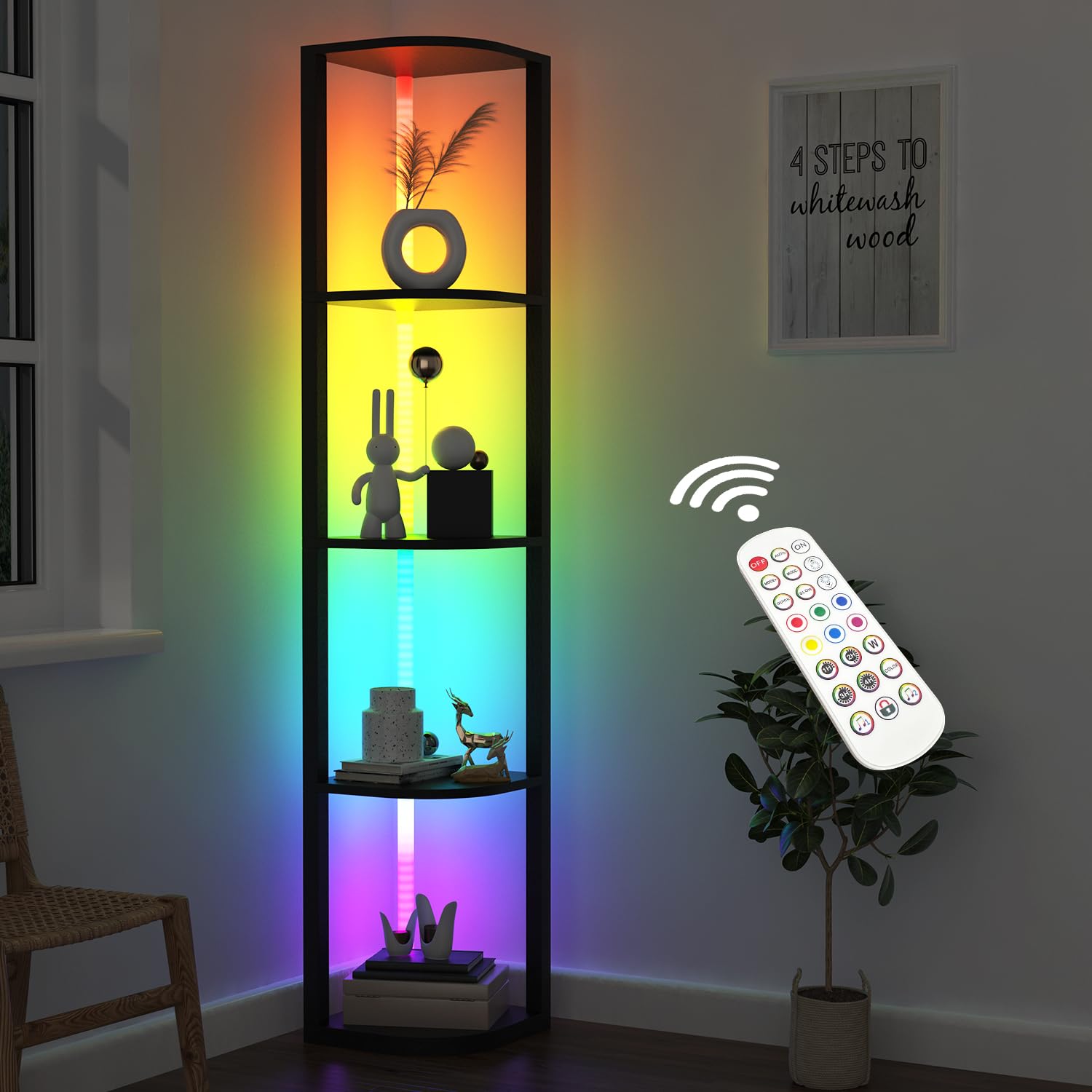 ROJASOP 5-tier corner shelf with LED lights showcasing collectibles for enhanced display and mood lighting