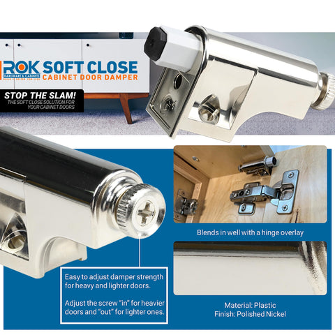 Rok 10-pack damper side profile with polished nickel finish complements modern kitchens.