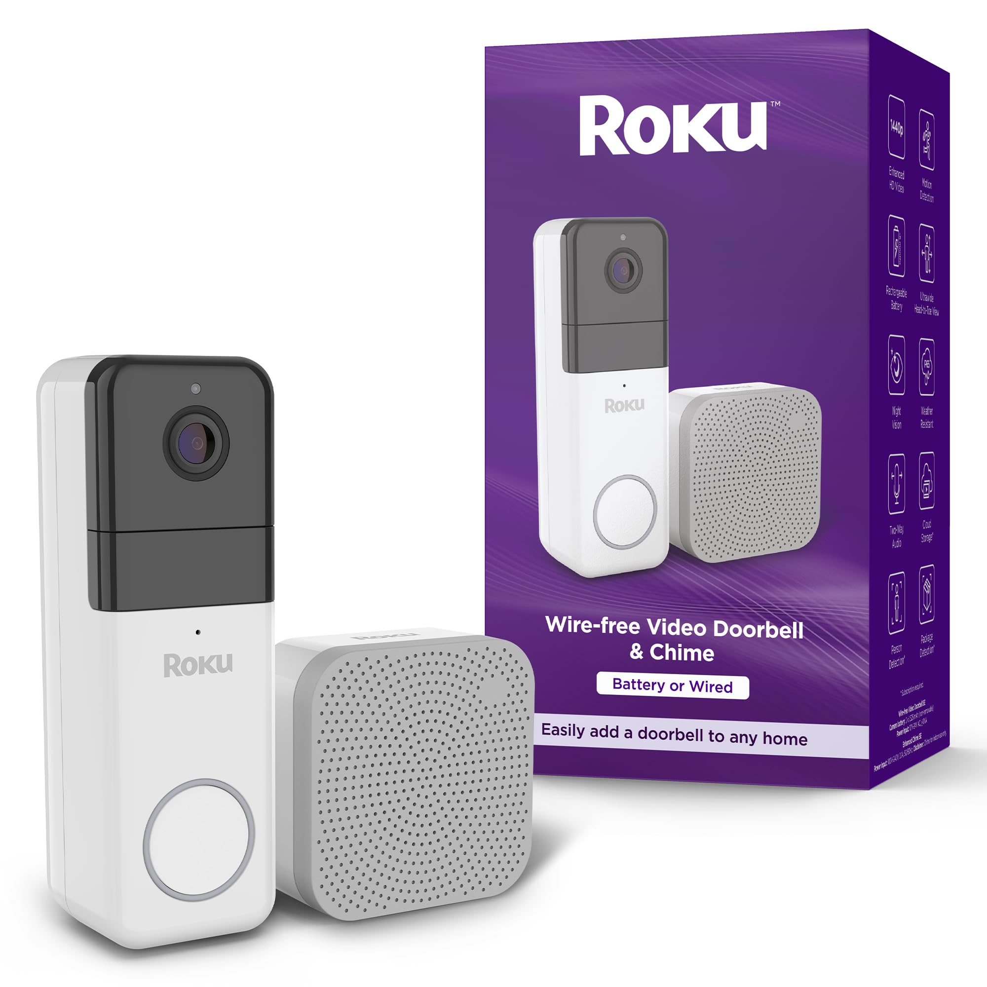 Roku Smart Home doorbell front view with 1440p video and night vision