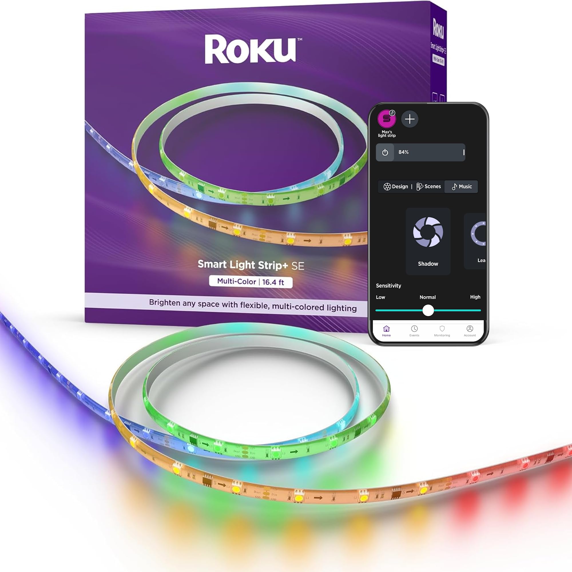 Roku Smart LED Light Strip+ creates vibrant room ambiance for movie nights.