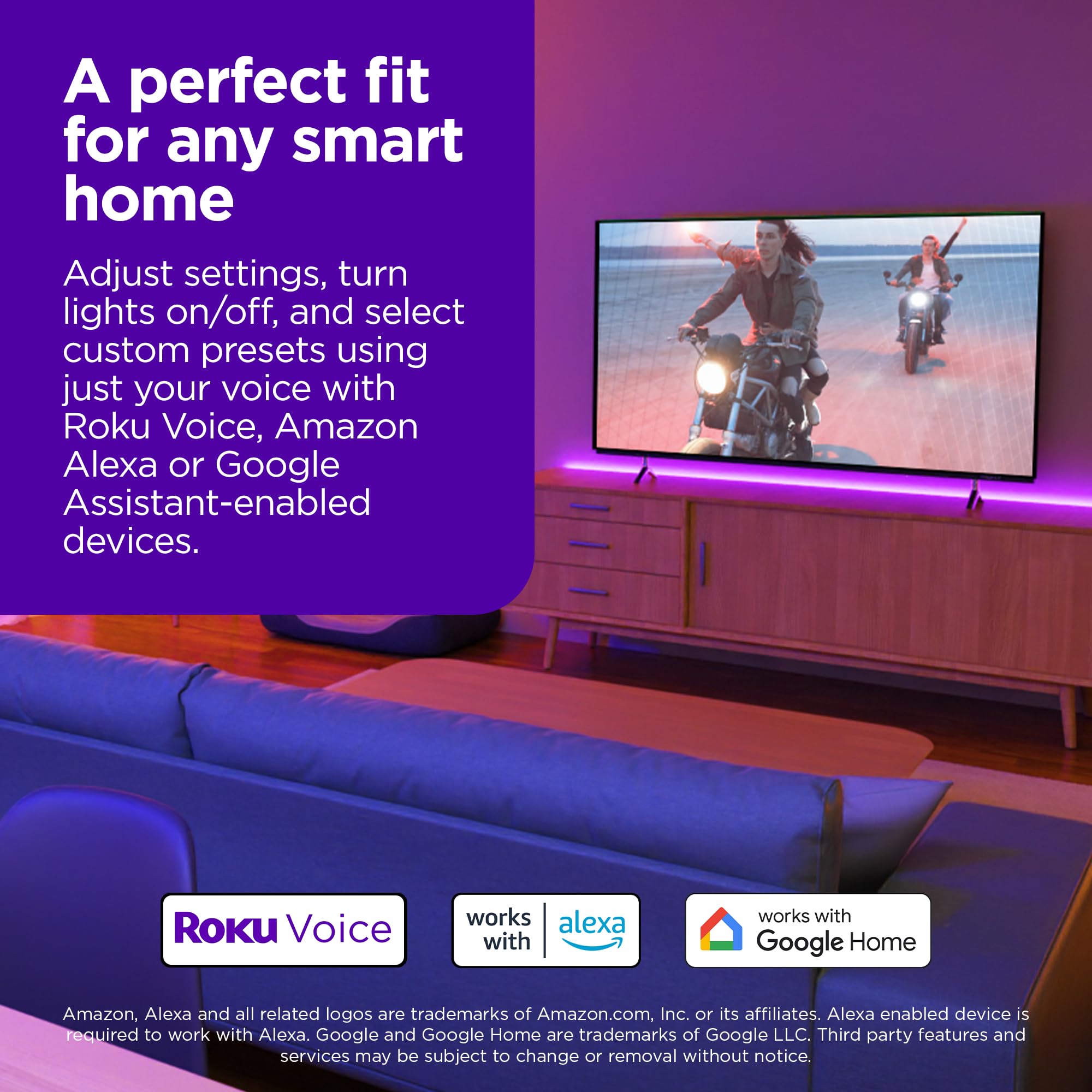 Roku Smart LED Light Strip+ voice control for hands-free power and brightness.